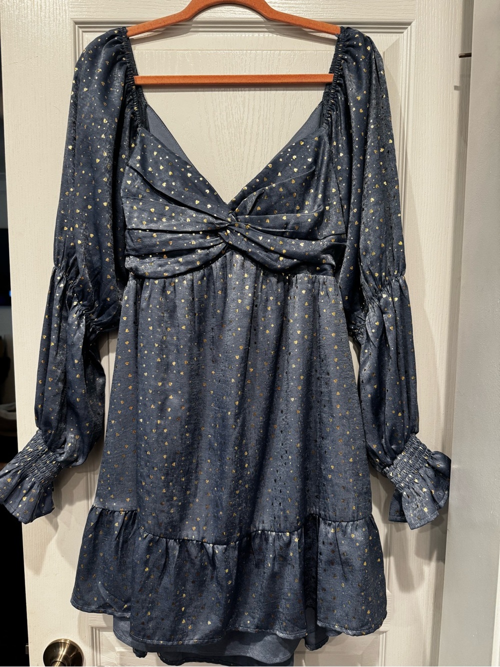 VICI Baby Blue Gold Metallic Dot Long Sleeve Mini Dress. Size L.  Worn once.